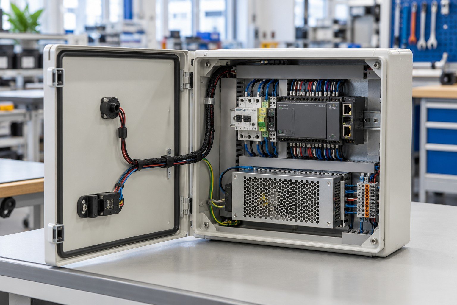 Open compact industrial enclosure containing purchased low-voltage module and neatly routed harness, no large power cabinet