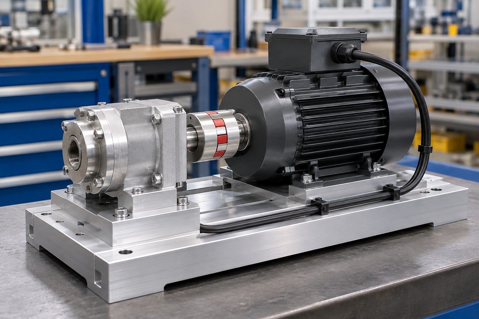 Machined aluminum motor mounting base with purchased low voltage motor and coupling