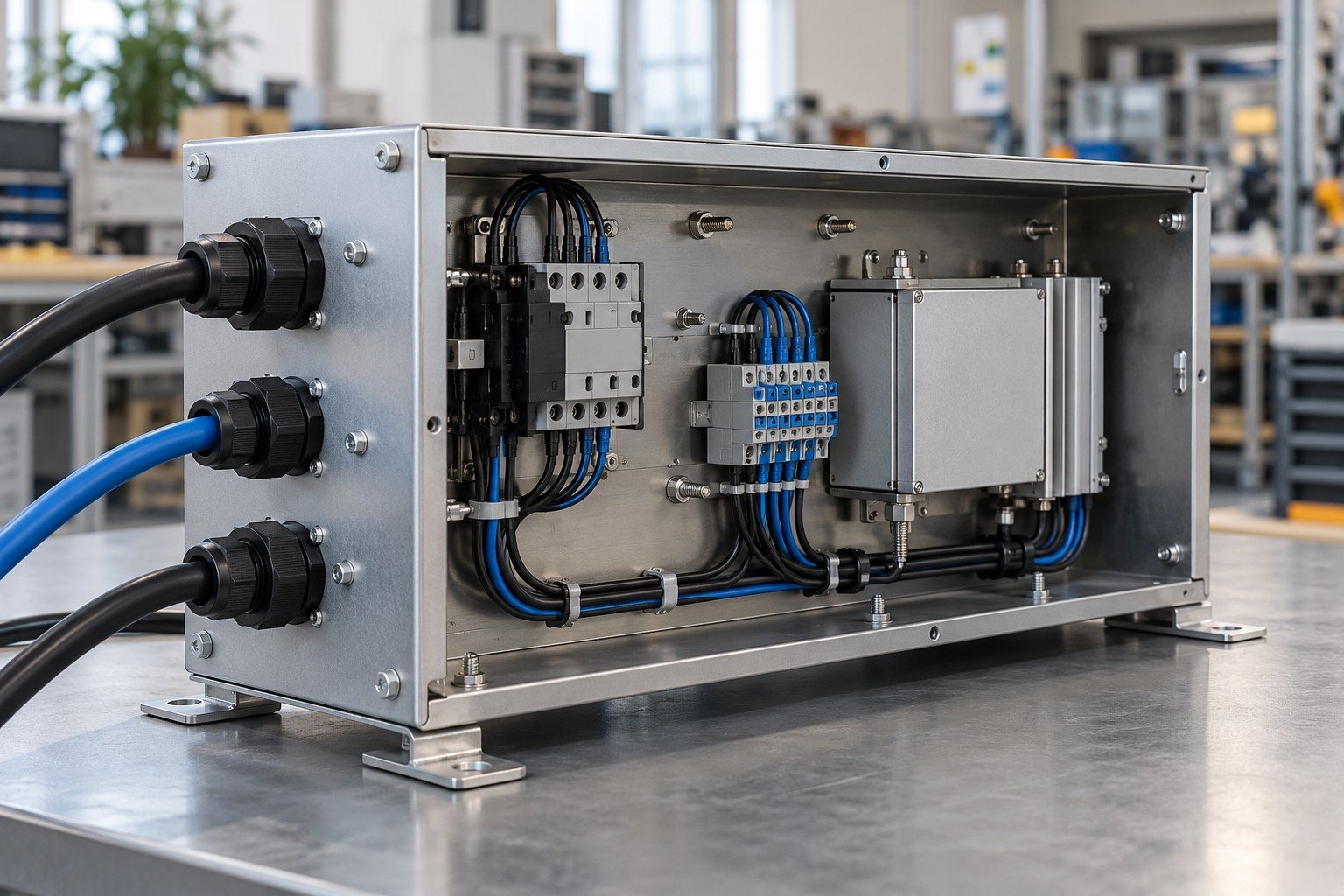 Folded steel enclosure with wiring entry grommets and component mounting studs