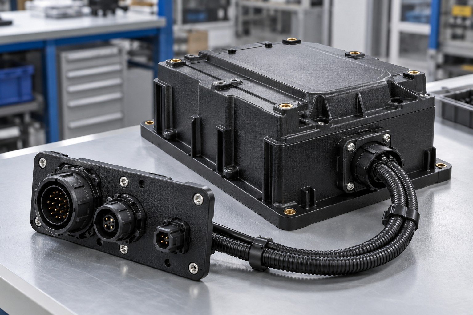 Molded black polymer housing with threaded inserts and separate keyed connector panel