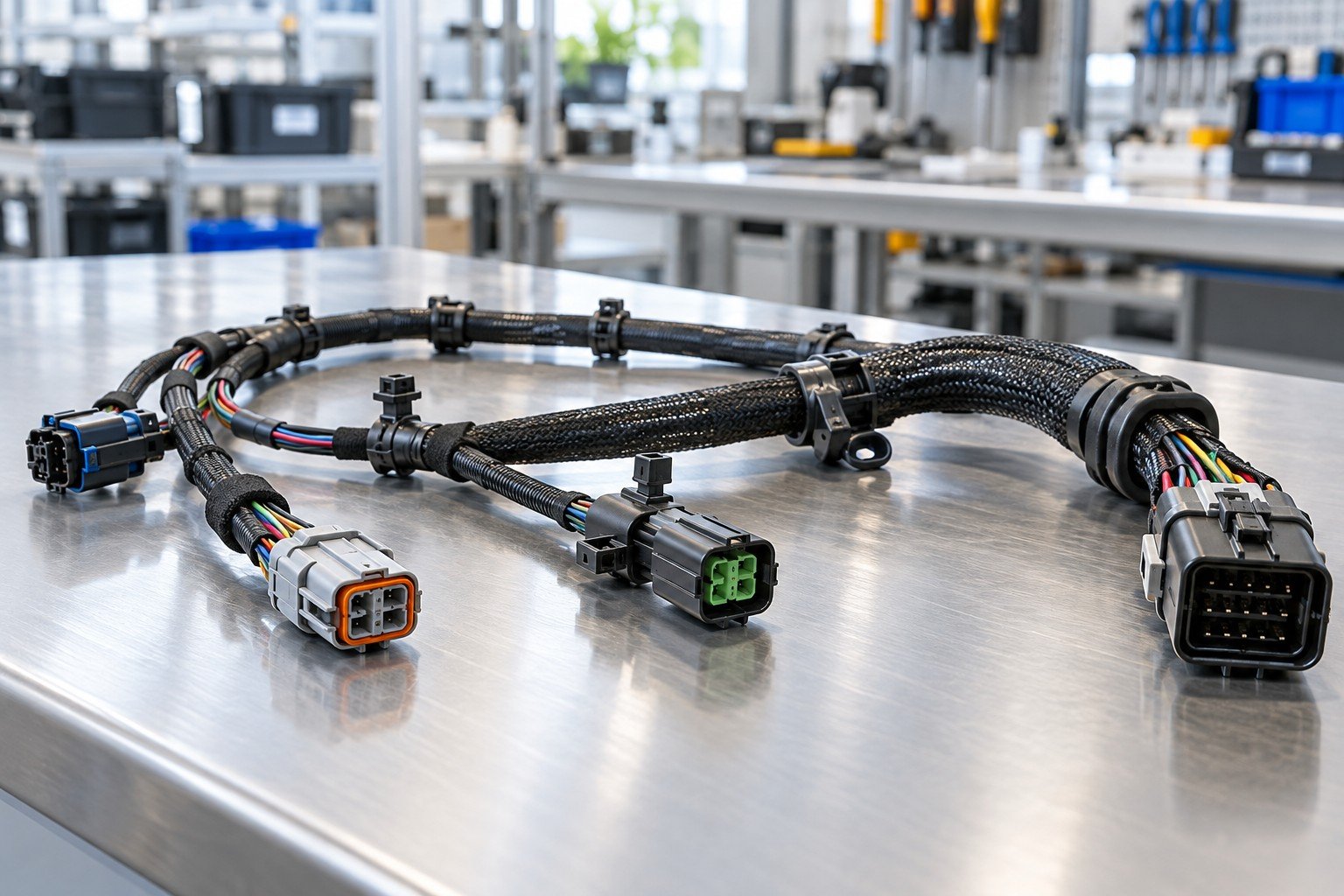 Preassembled insulated wire harness with different keyed plugs, sleeve and strain relief clips