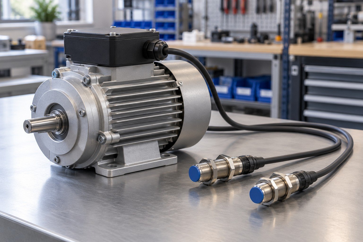 Purchased compact low-voltage motor and two industrial proximity sensors with connectors