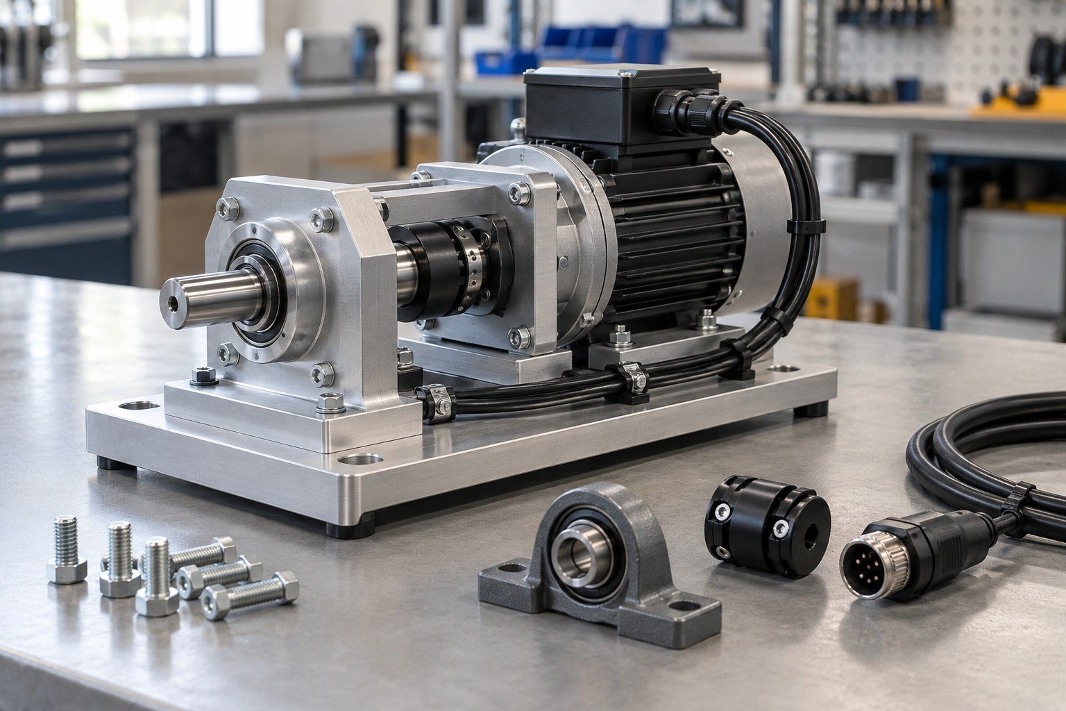 Compact aluminum equipment module with mounted low-voltage motor, bearing supported shaft, small connector bracket and neatly restrained insulated cable; wide three quarter view of distinct complete module and separate approved purchased components