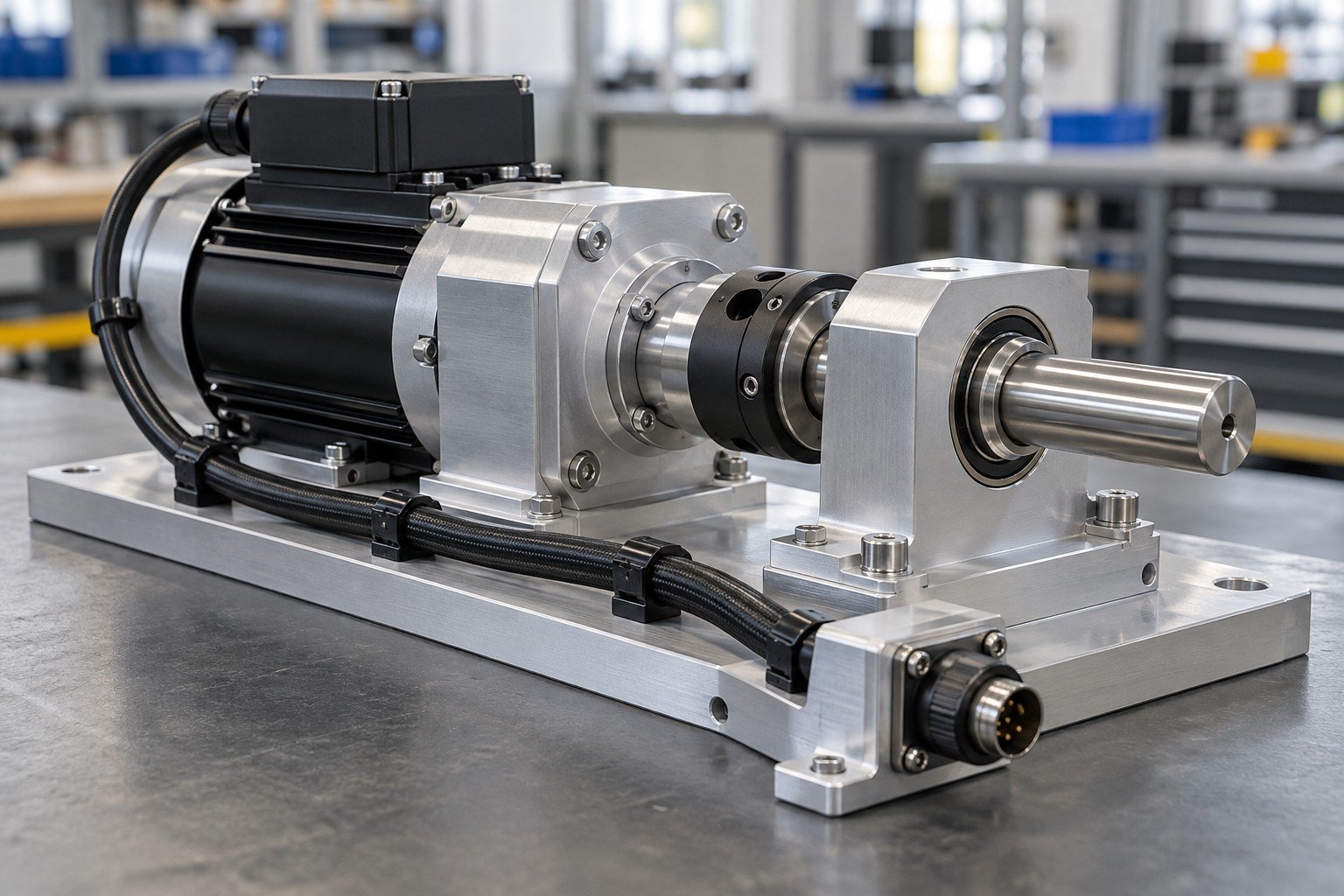 Compact aluminum equipment module with mounted low-voltage motor, bearing supported shaft, small connector bracket and neatly restrained insulated cable; close oblique view of the mounting and keyed connector interfaces, distinctly different housing geometry