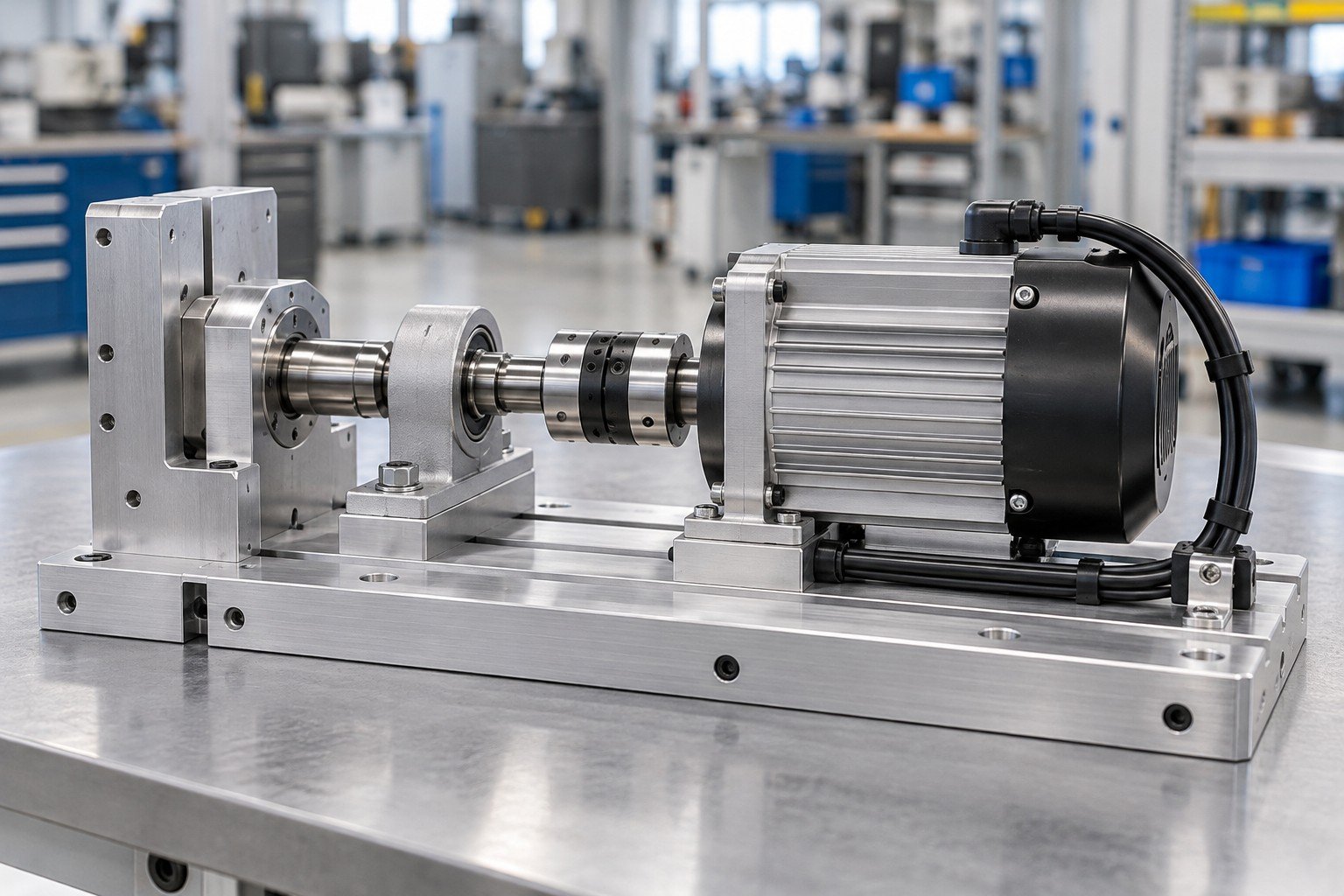 Compact aluminum equipment module with mounted low-voltage motor, bearing supported shaft, small connector bracket and neatly restrained insulated cable; side view of partially installed module in locating fixture with clearly restrained insulated cable, no people