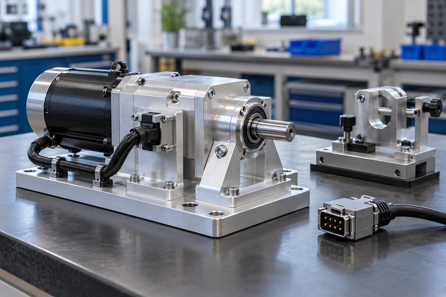 Compact aluminum equipment module with mounted low-voltage motor, bearing supported shaft, small connector bracket and neatly restrained insulated cable; finished module beside unpowered simple checking fixture and detached matching connector, no invented readings
