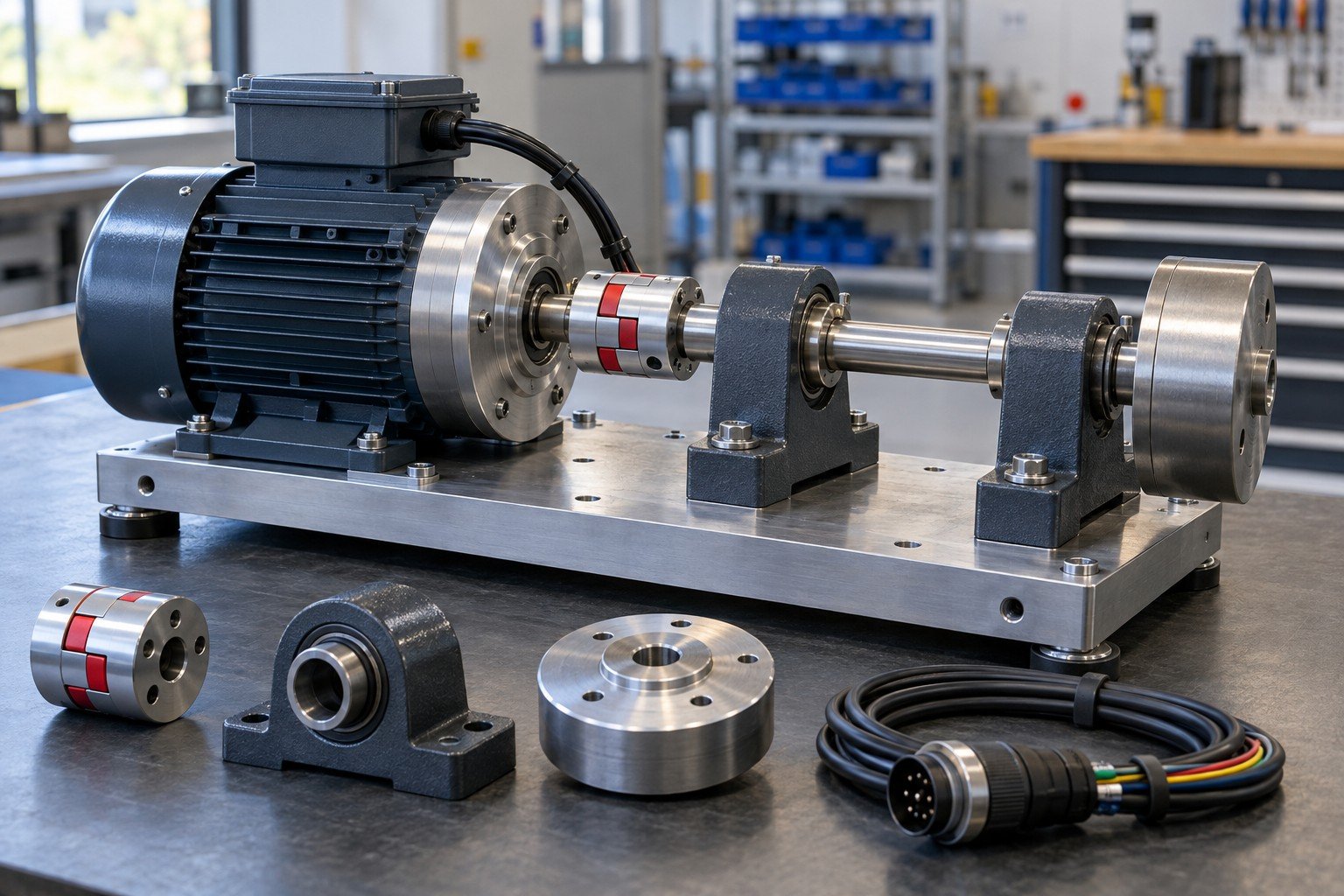Purchased compact low-voltage electric motor mounted to machined base through coupling and supported shaft with keyed plug and restrained lead wires; wide three quarter view of distinct complete module and separate approved purchased components