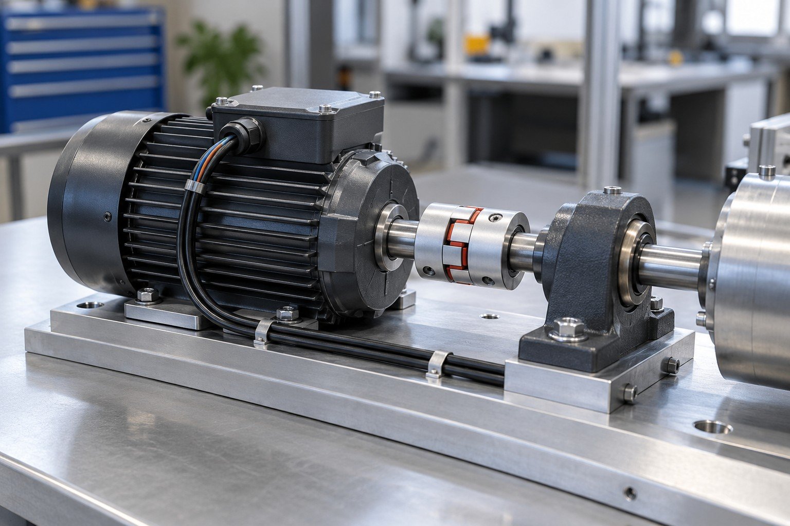 Purchased compact low-voltage electric motor mounted to machined base through coupling and supported shaft with keyed plug and restrained lead wires; close oblique view of the mounting and keyed connector interfaces, distinctly different housing geometry