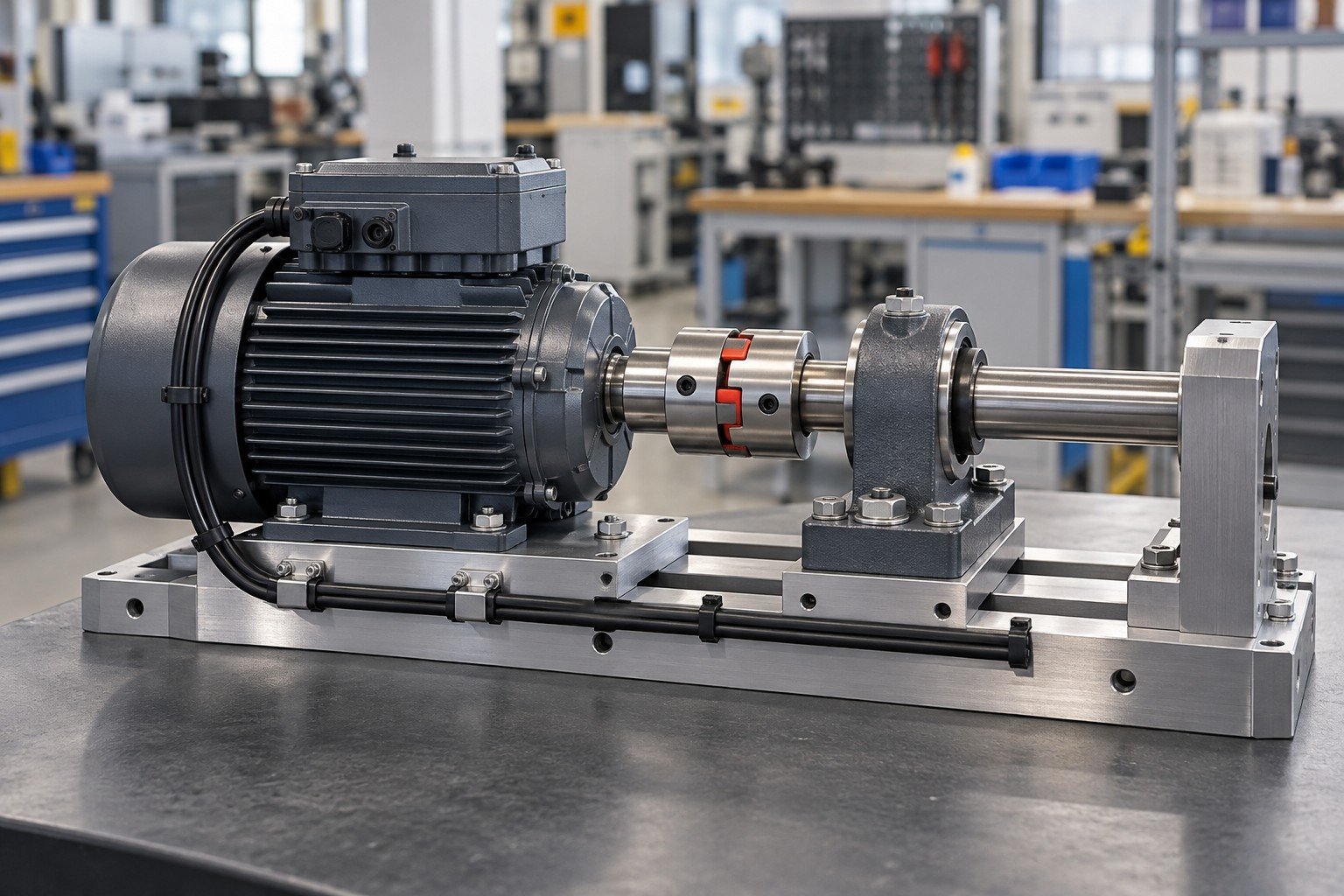 Purchased compact low-voltage electric motor mounted to machined base through coupling and supported shaft with keyed plug and restrained lead wires; side view of partially installed module in locating fixture with clearly restrained insulated cable, no people