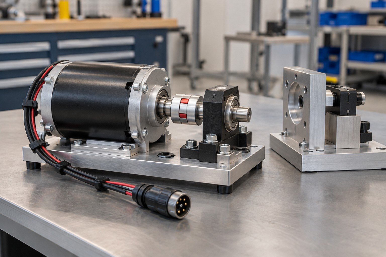 Purchased compact low-voltage electric motor mounted to machined base through coupling and supported shaft with keyed plug and restrained lead wires; finished module beside unpowered simple checking fixture and detached matching connector, no invented readings