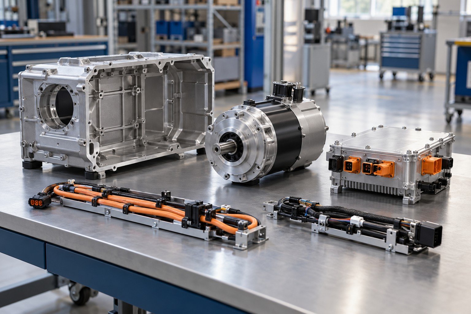 Electromechanical assembly kit separated into housing, motor, purchased module and harness trays