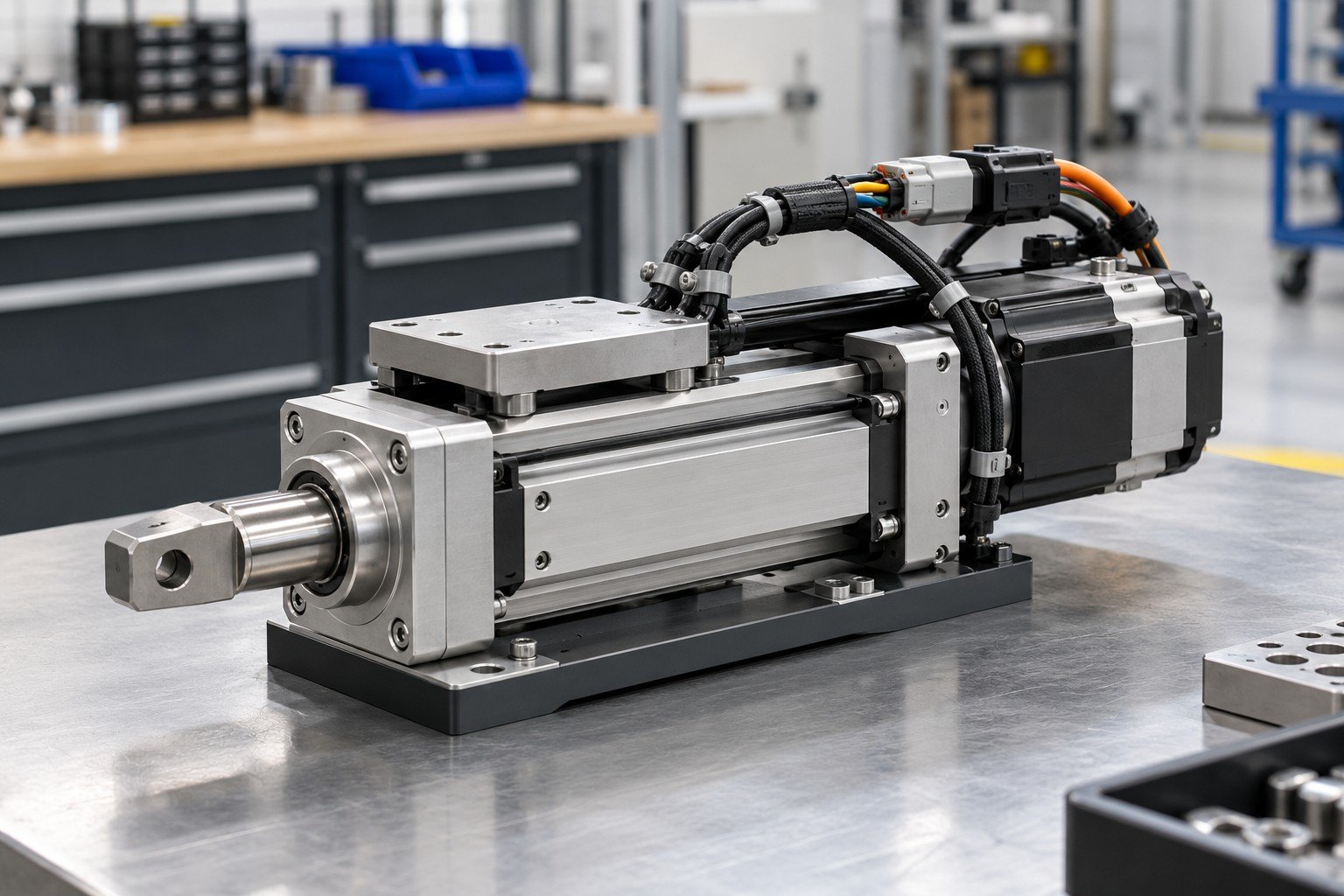 Partly assembled compact actuator module with restrained wire harness and accessible keyed connectors