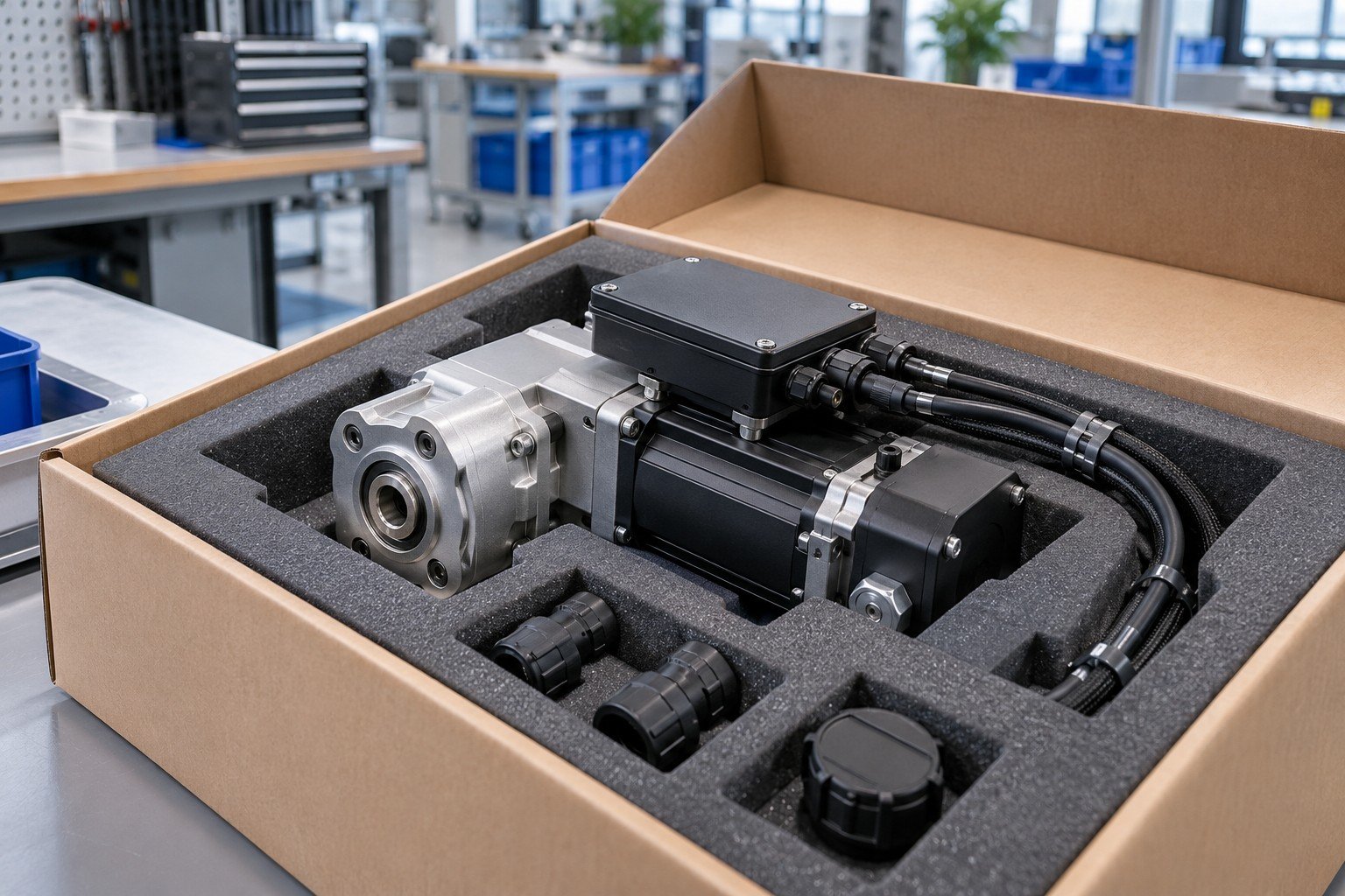 Finished sensor and motor enclosure module placed in fitted packaging with connector protectors