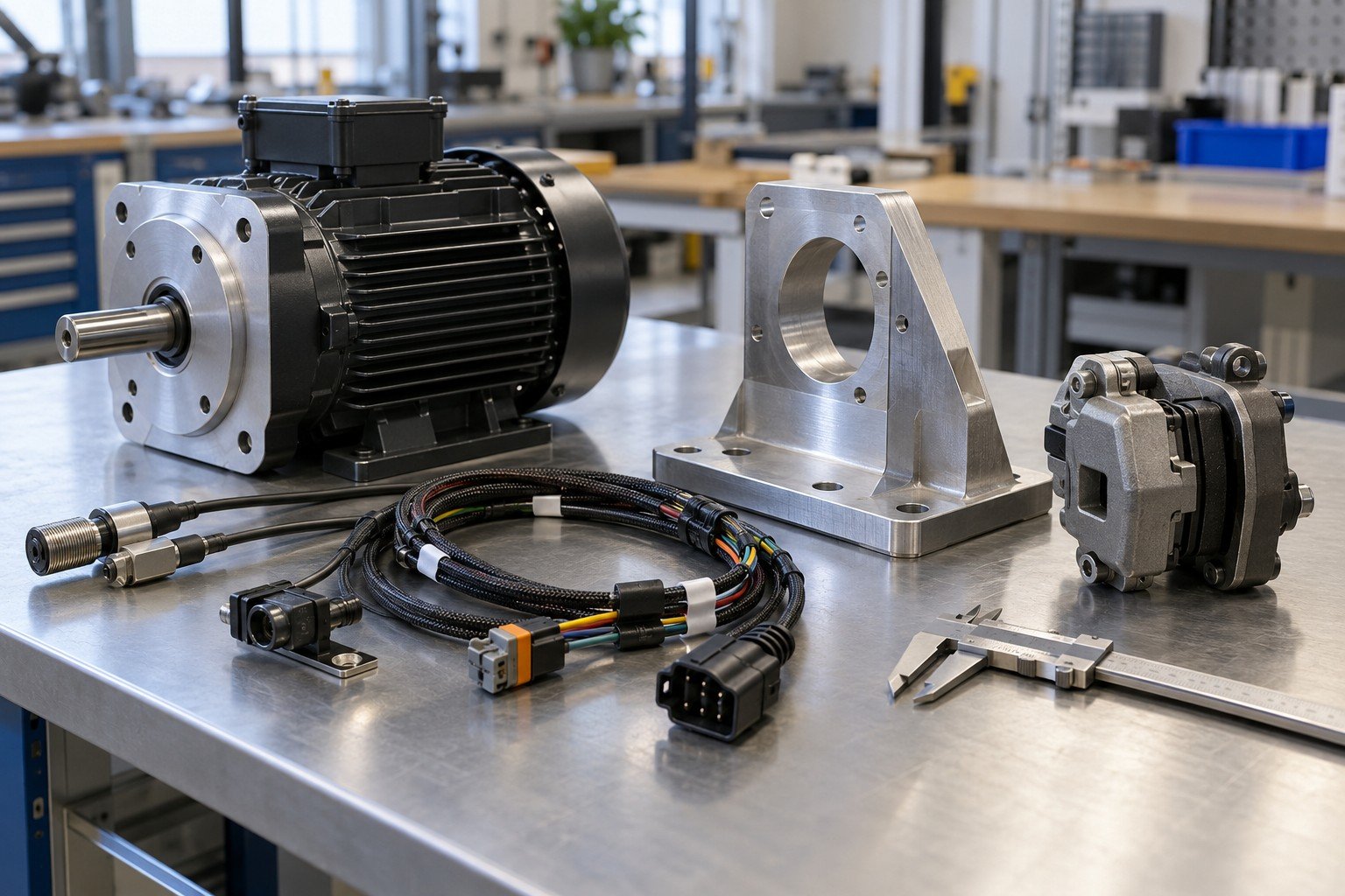 Incoming purchased motor, sensors and harness beside mechanical bracket and caliper on orderly bench