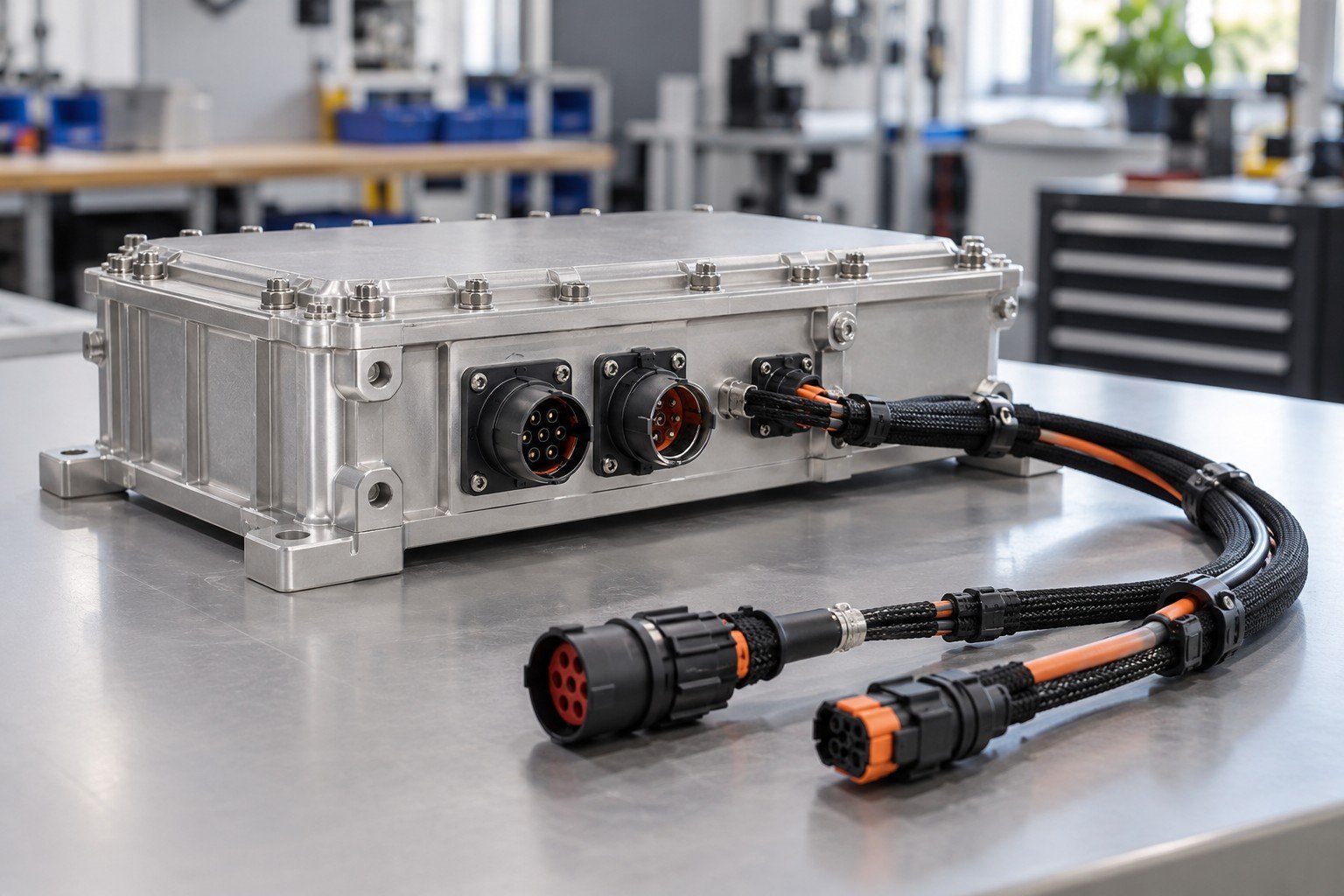 Unpowered enclosed mechanical module with continuity test adapter loom and disconnected test plugs, no readings