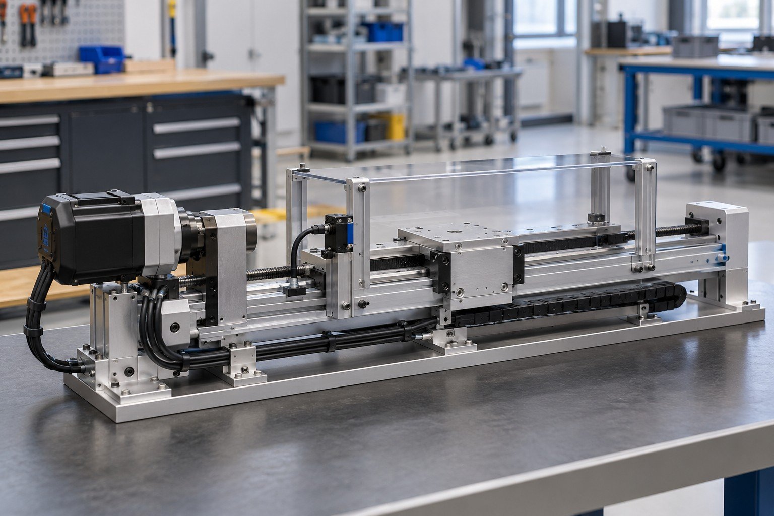 Compact low-voltage motor-driven carriage with sensor and guarded travel fixture on non-energized test bench