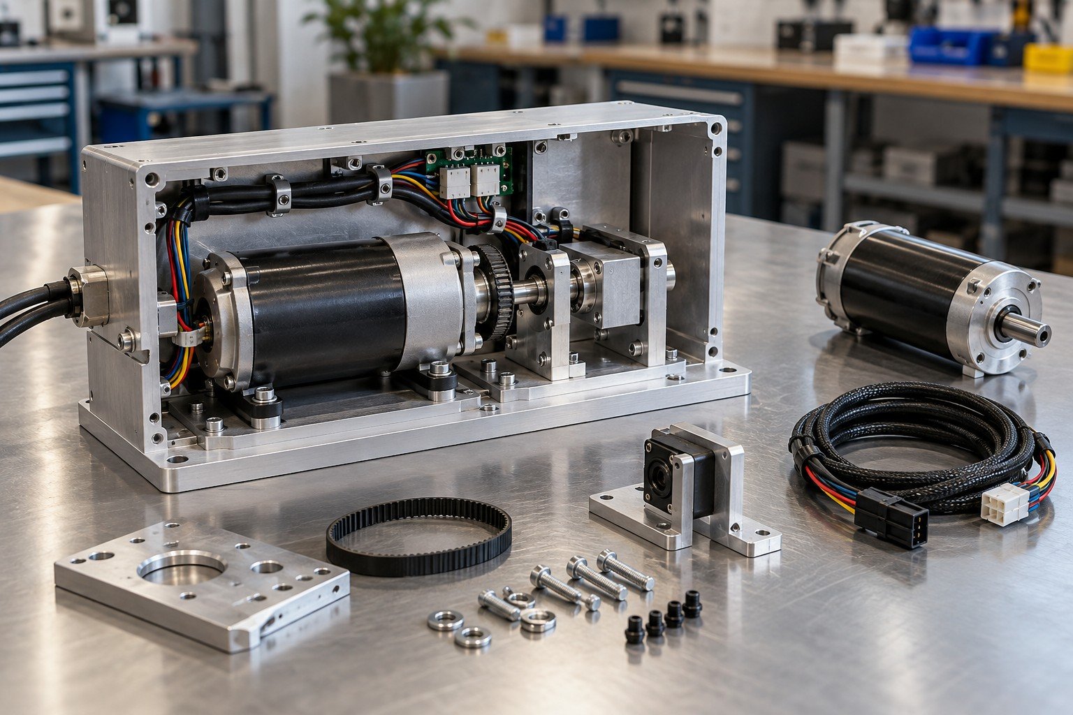 Open compact instrument module with purchased motor, sensor bracket, insulated harness, aluminum enclosure and organized component kit; wide three quarter view of distinct complete module and separate approved purchased components