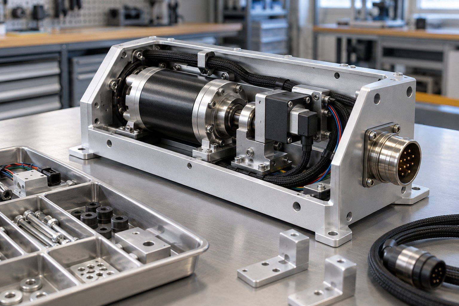 Open compact instrument module with purchased motor, sensor bracket, insulated harness, aluminum enclosure and organized component kit; close oblique view of the mounting and keyed connector interfaces, distinctly different housing geometry