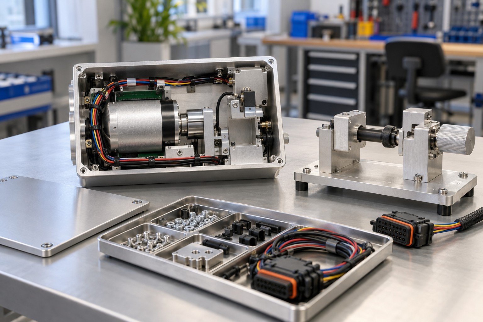 Open compact instrument module with purchased motor, sensor bracket, insulated harness, aluminum enclosure and organized component kit; finished module beside unpowered simple checking fixture and detached matching connector, no invented readings