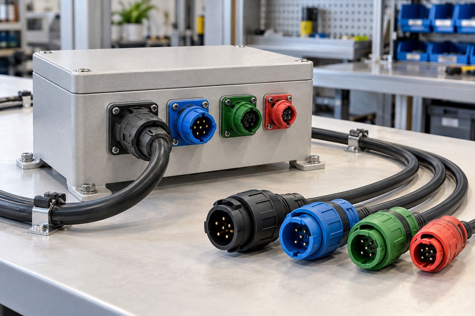 Compact low-voltage enclosure and keyed connectors with visibly different mating orientation features
