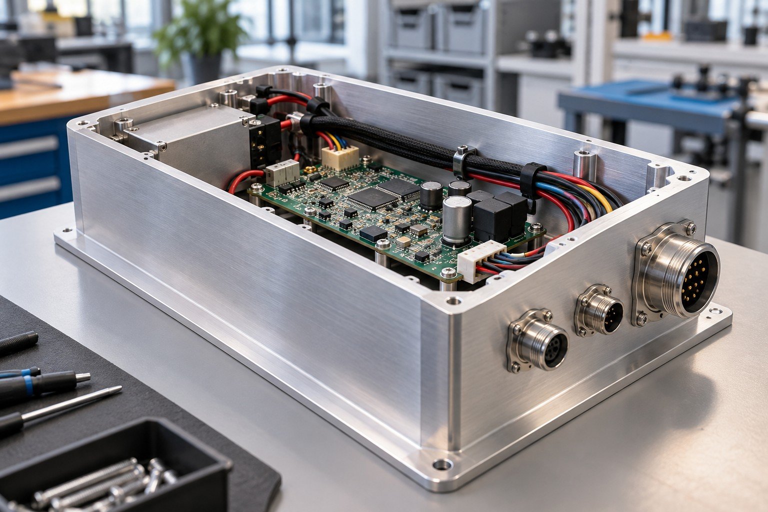 Aluminum instrument housing with mounted purchased circuit module, stand-offs and correctly located connectors