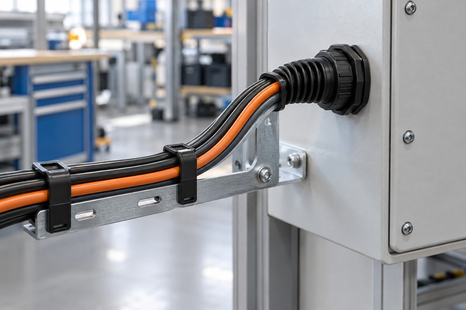 Insulated cable harness clipped to bracket with strain relief at a clean enclosure entry