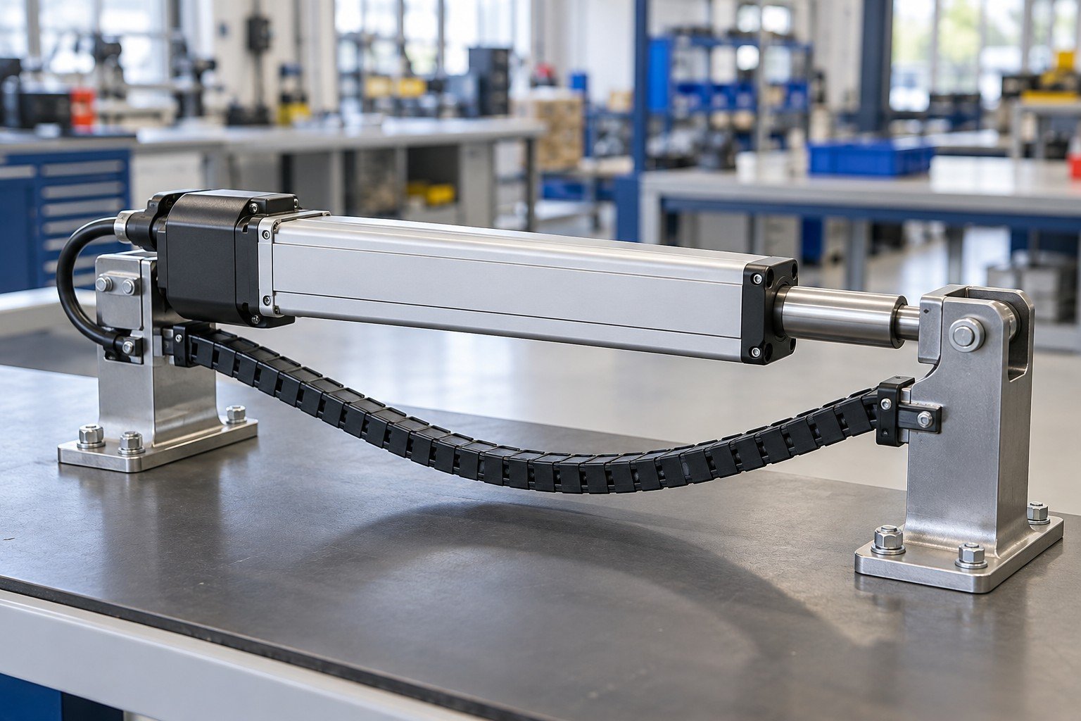 Electric actuator on brackets showing relaxed protected cable loop within its mechanical travel envelope
