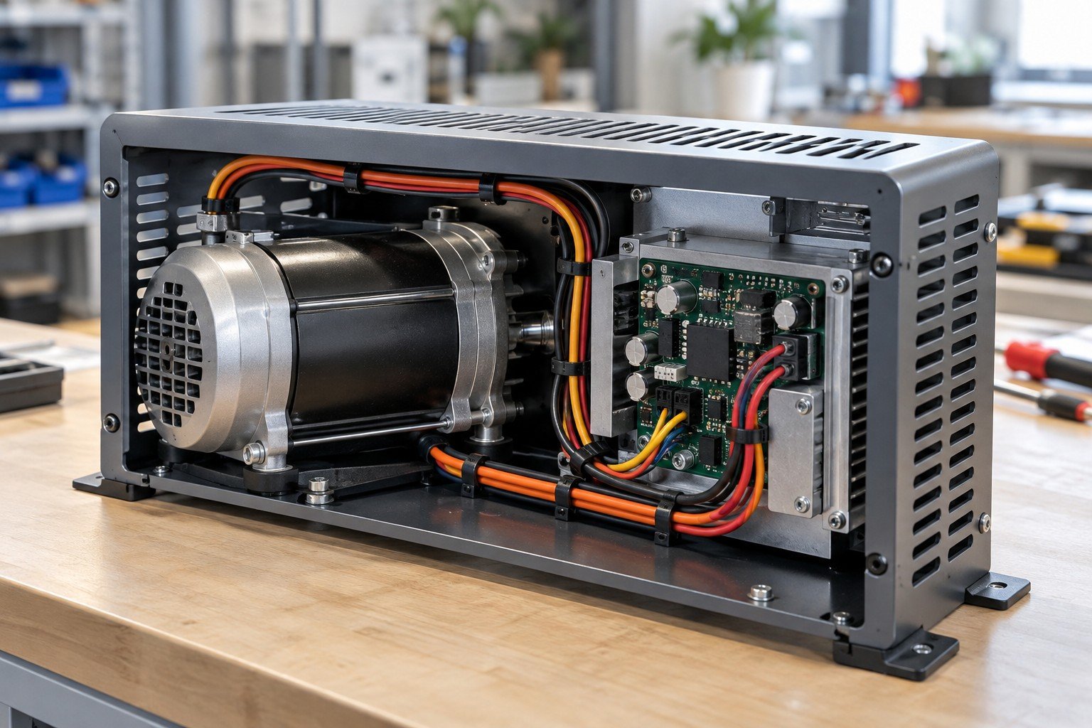 Compact motor and purchased electronics module with clear ventilation path and neatly retained wiring inside vented case