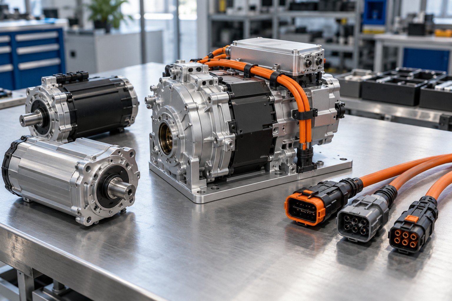 Electromechanical module with separate alternative motor and connector components arranged for revision comparison