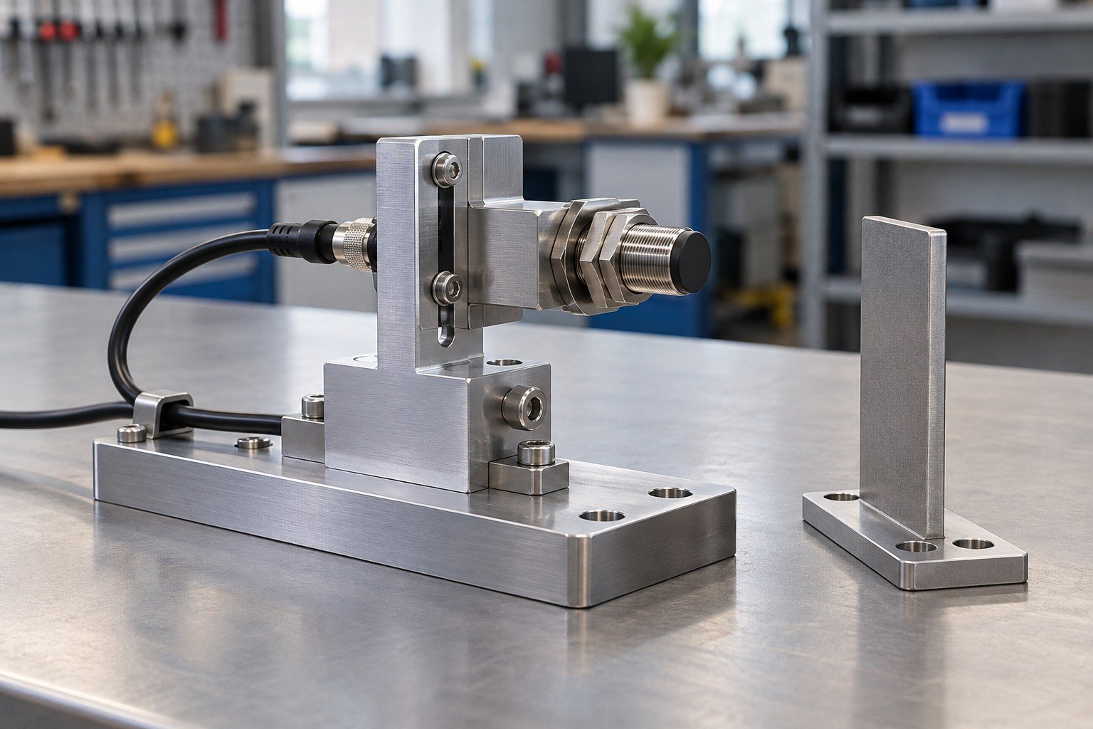 Machined inspection fixture with purchased proximity sensor, adjustable mounting bracket, cable connector and separate passive target plate; wide three quarter view of distinct complete module and separate approved purchased components