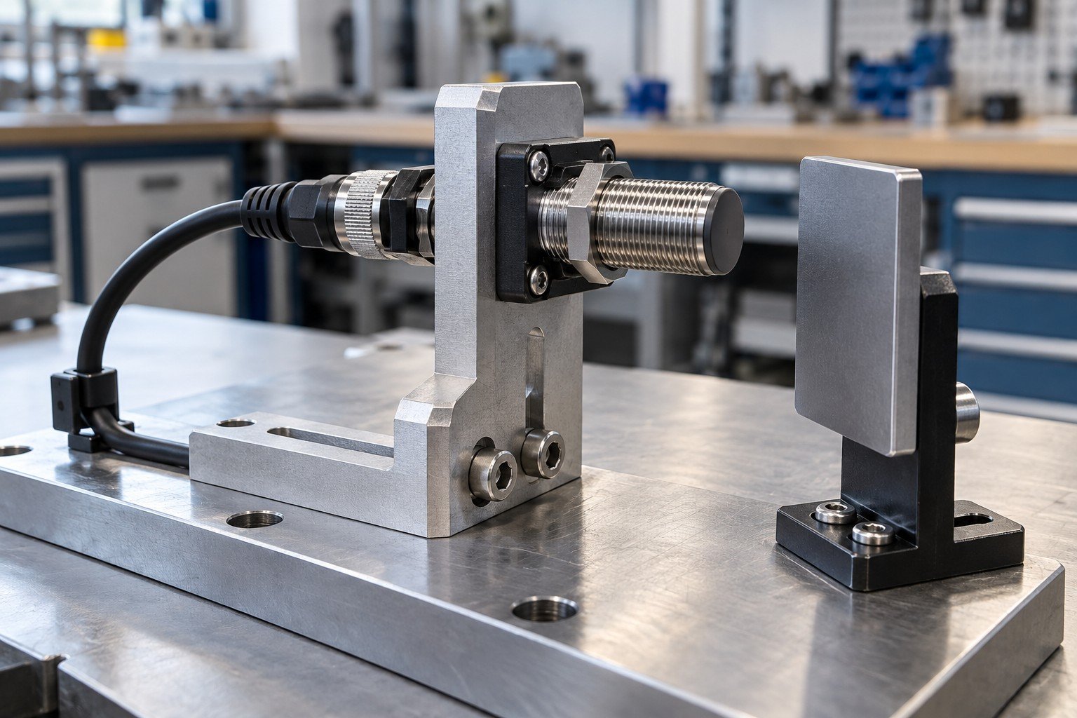 Machined inspection fixture with purchased proximity sensor, adjustable mounting bracket, cable connector and separate passive target plate; close oblique view of the mounting and keyed connector interfaces, distinctly different housing geometry