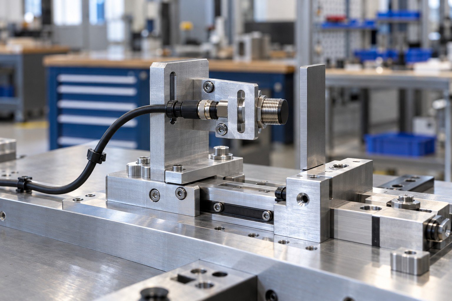 Machined inspection fixture with purchased proximity sensor, adjustable mounting bracket, cable connector and separate passive target plate; side view of partially installed module in locating fixture with clearly restrained insulated cable, no people