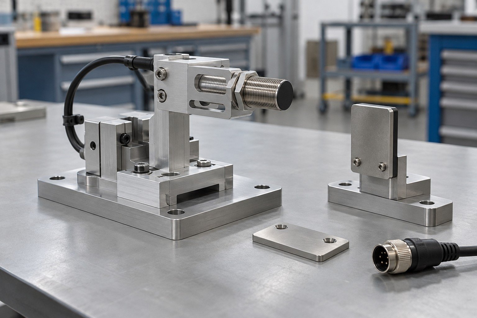 Machined inspection fixture with purchased proximity sensor, adjustable mounting bracket, cable connector and separate passive target plate; finished module beside unpowered simple checking fixture and detached matching connector, no invented readings