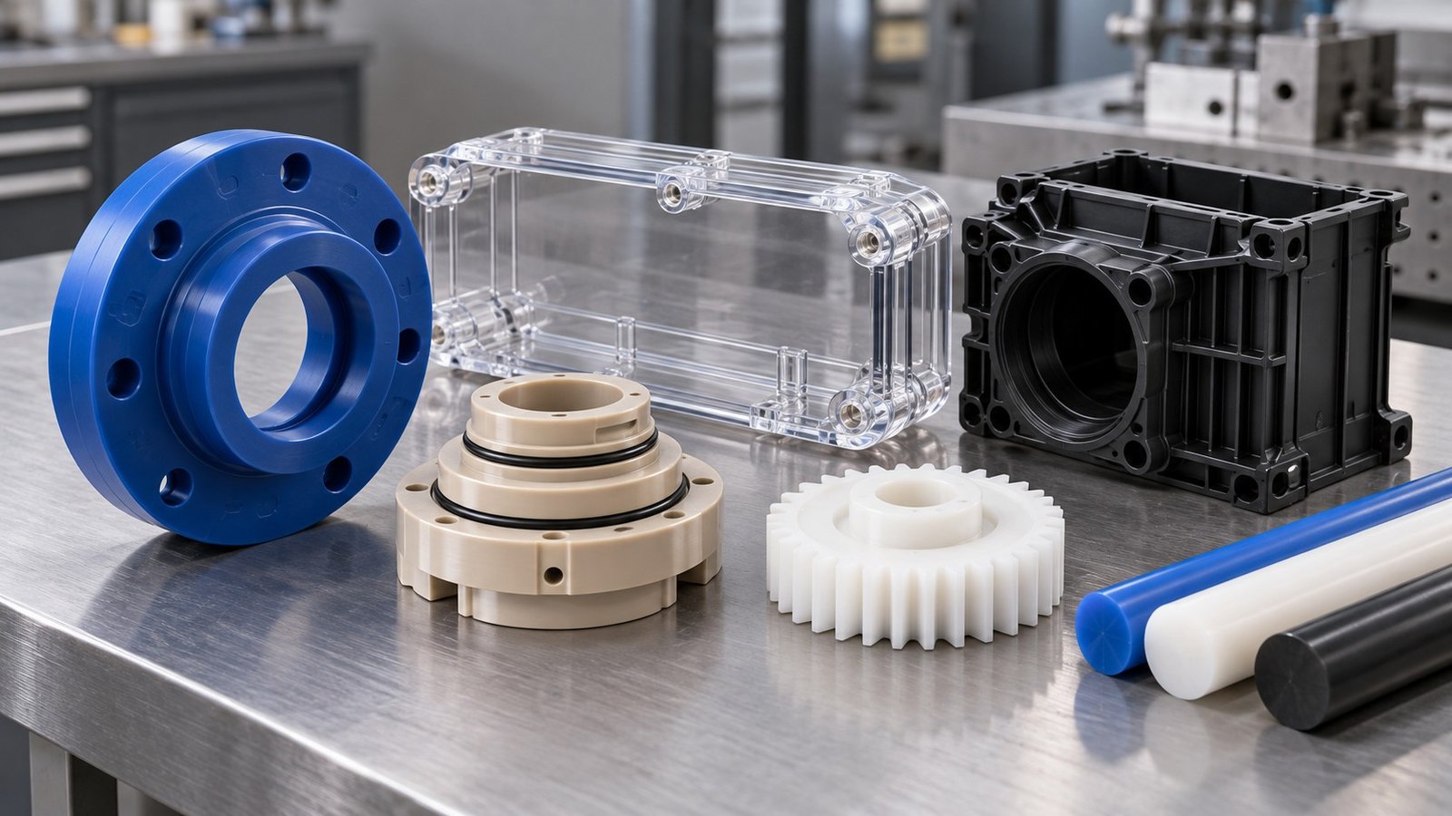 Engineering polymer housings, flange, gear, clear cover and stock forms — illustrative generated concept