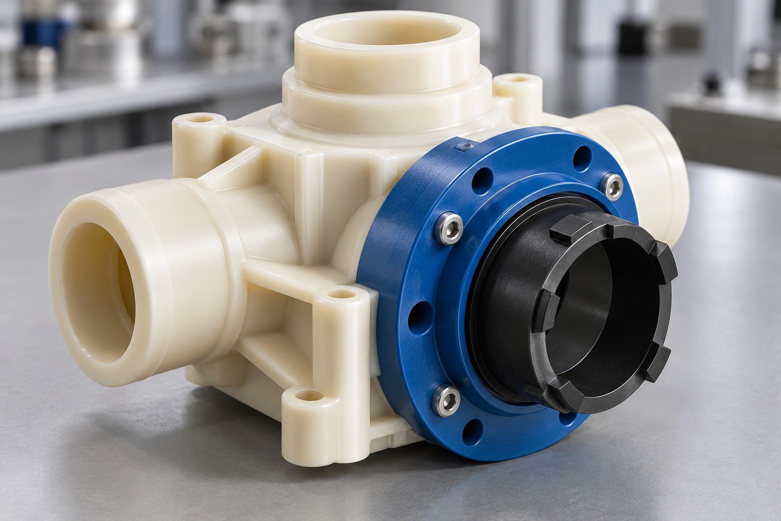 Illustrative engineering polymer manifold, blue flange and black sleeve assembly concept
