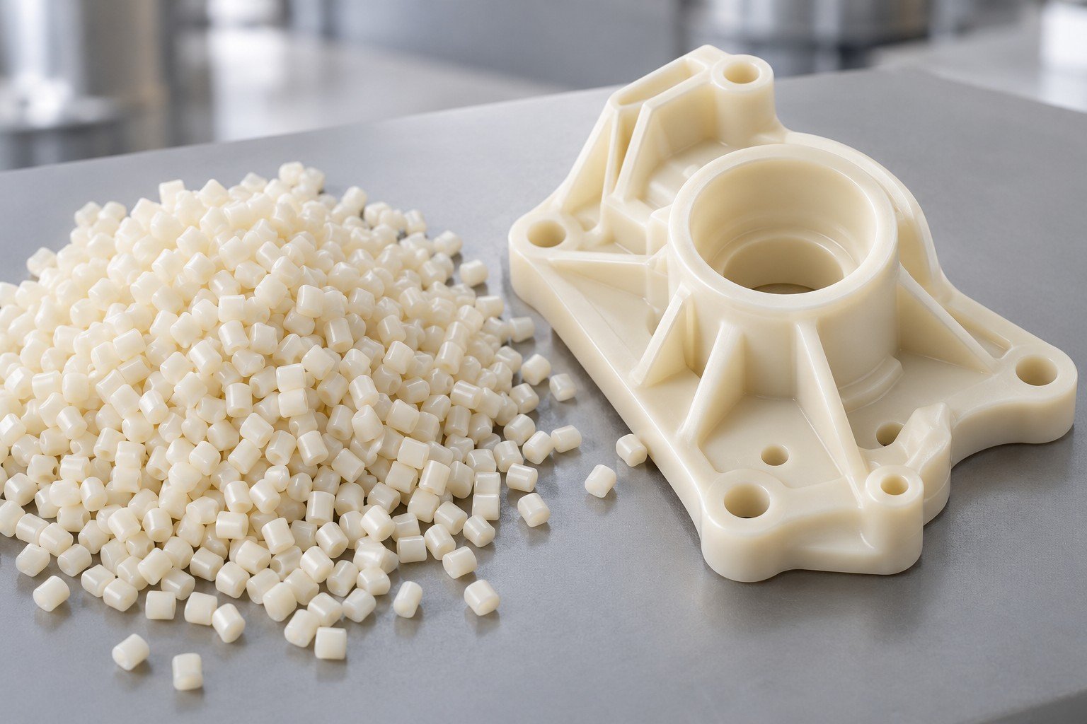 Polymer resin granules and molding sample — illustrative generated concept