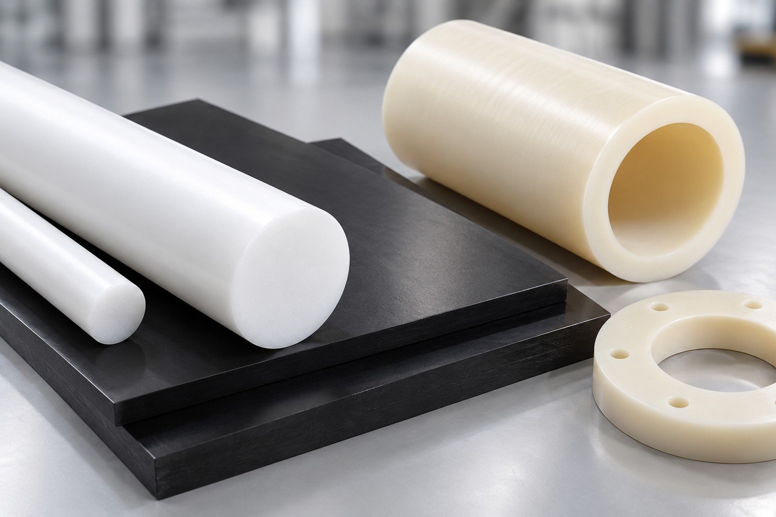 Engineering polymer sheet rod and tube stock — illustrative generated concept