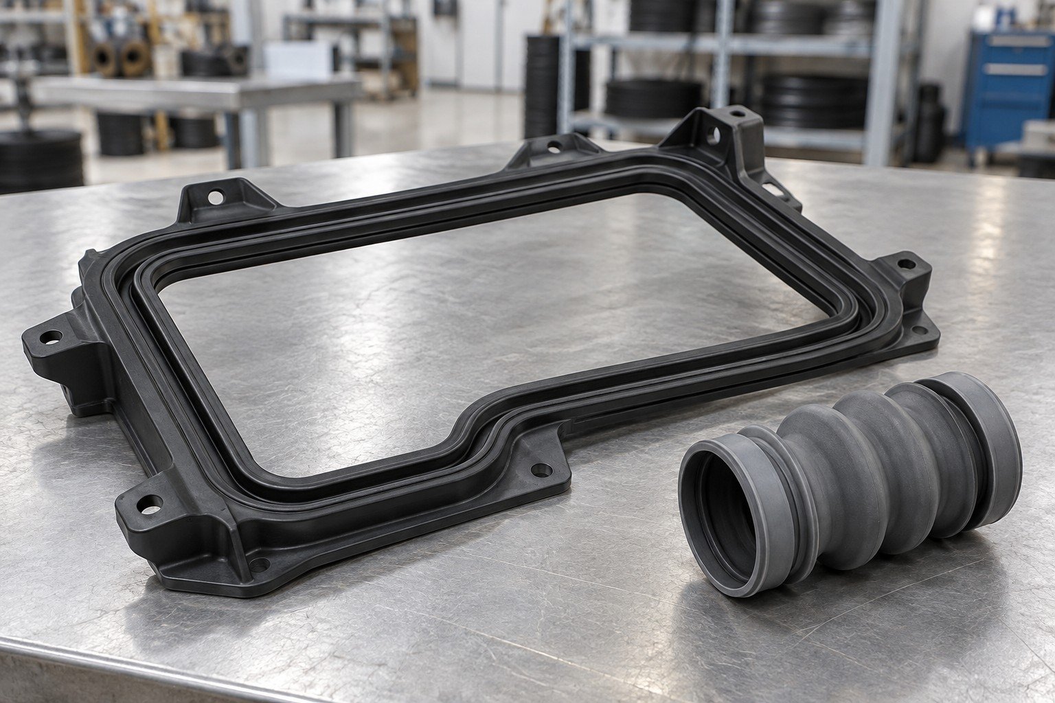 Illustrative black molded panel seal and gray flexible connector concepts; not compound identification