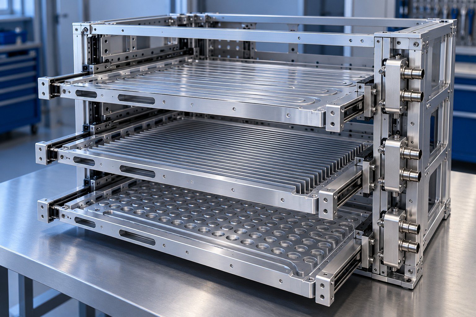 Illustrative unpowered open storage-module mechanical rack with cooling panels and distribution headers concept; not documentary customer photography