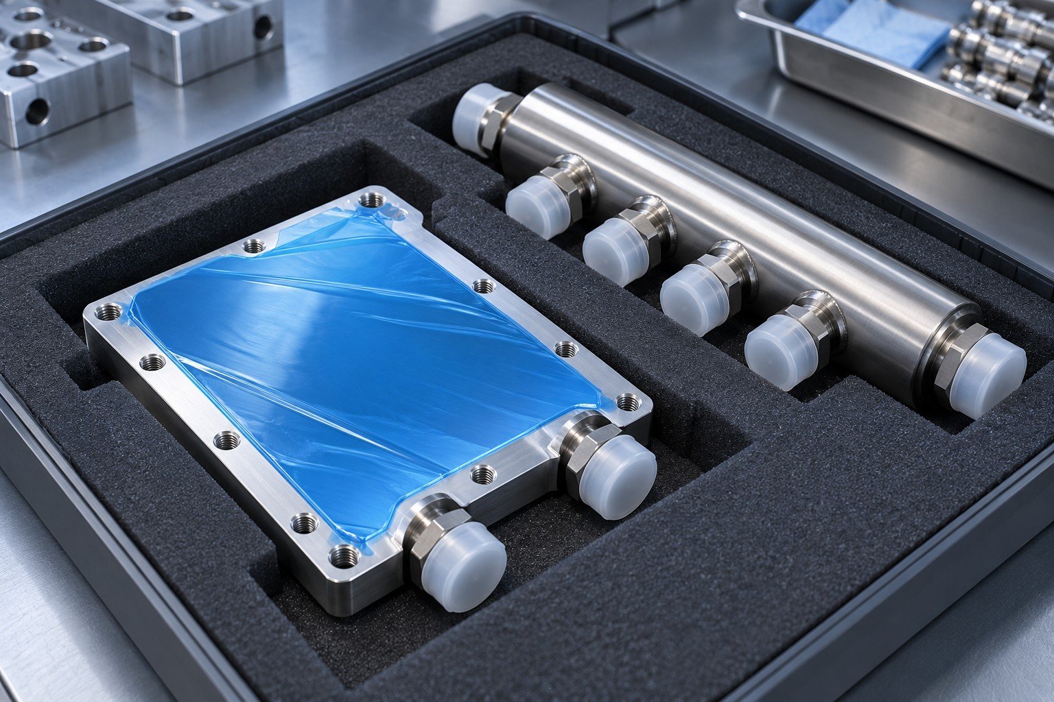 Illustrative protection and handling on a battery cooling plate component concept, not documentary company or customer photography