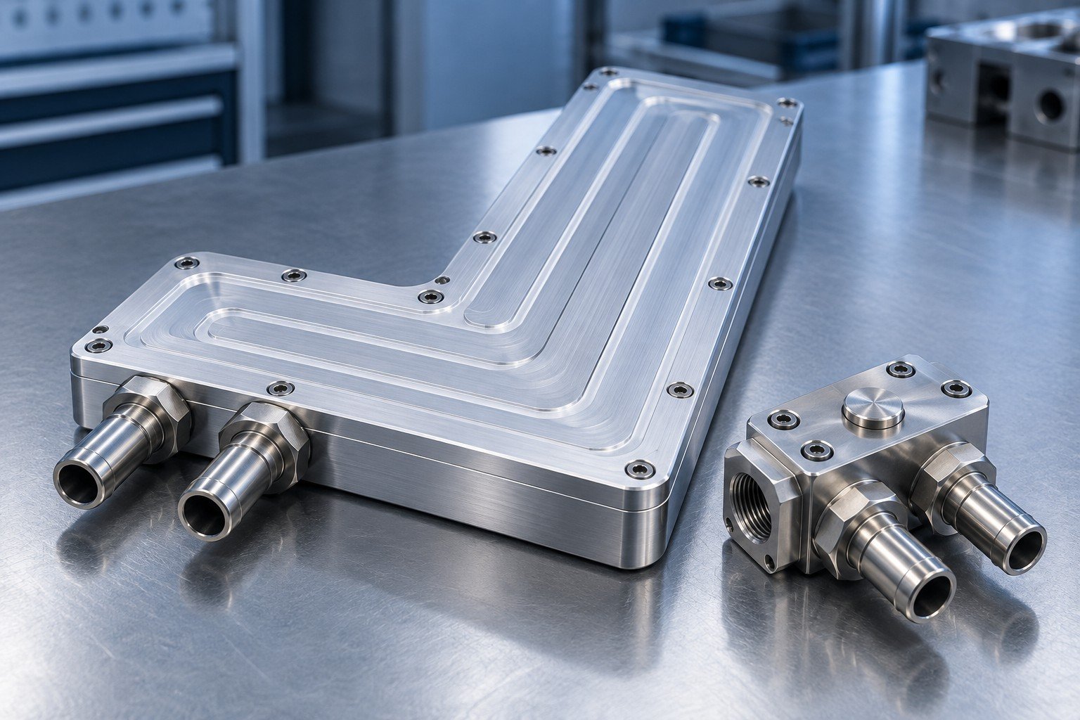 Illustrative page-specific L-shaped aluminum cold plate and separate stainless distribution block; not a documentary customer part or complete EV or ESS system