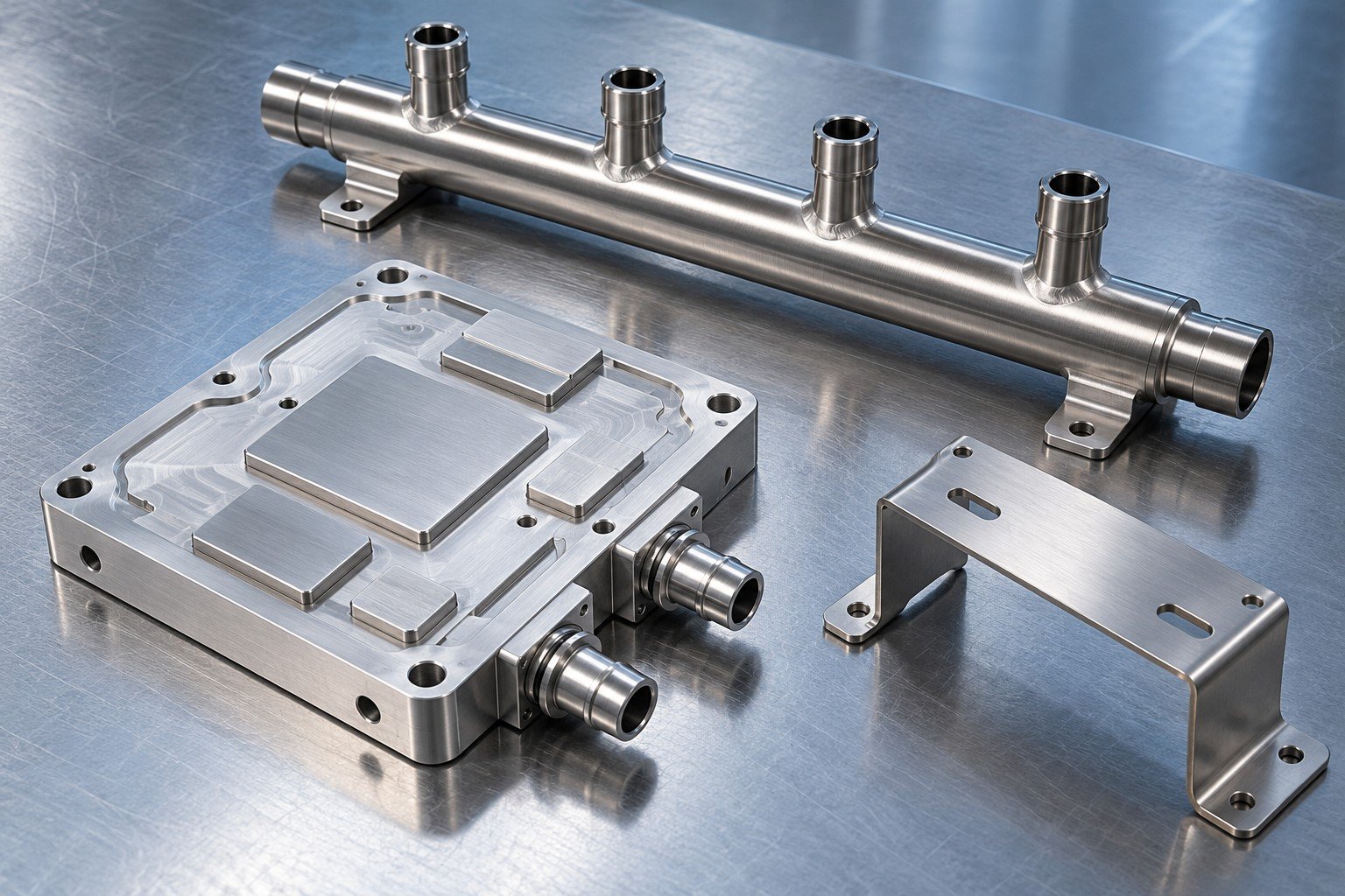 Illustrative separate cold plate, distribution header and support bracket for EV and ESS component review concept; not documentary customer photography