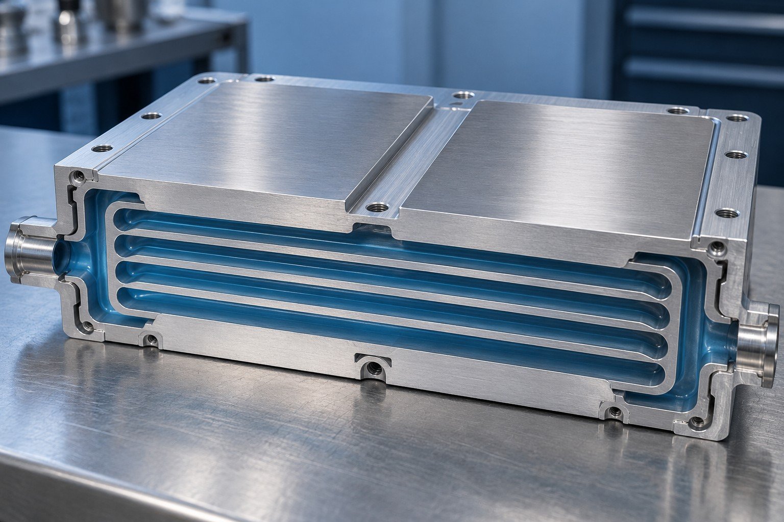 Illustrative sectioned EV and ESS cooling plate passage and solid contact skin concept, not documentary company or customer photography
