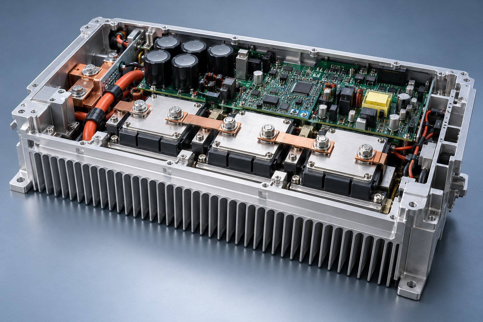 Illustrative extruded heat sinks in an industrial power electronics assembly concept