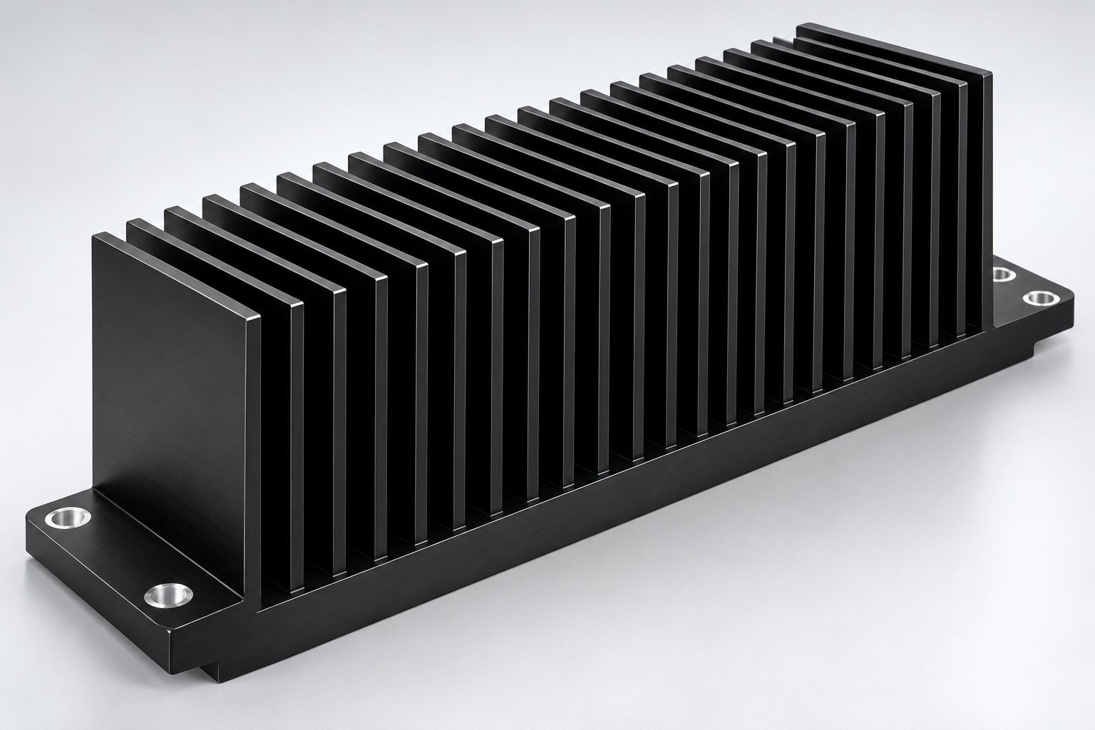 Illustrative black anodized extruded aluminum heat sink with mounting flanges; not a customer part