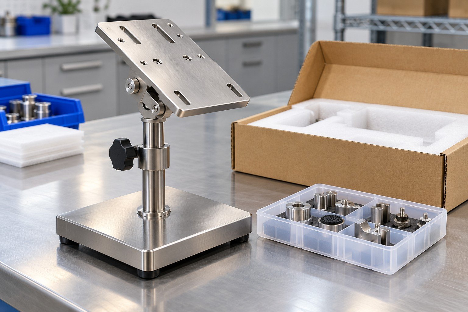 Completed small stainless adjustable inspection stand with tilting platform, height lock, heavy base and small separate adapters, stand beside clearly separated adapter tray