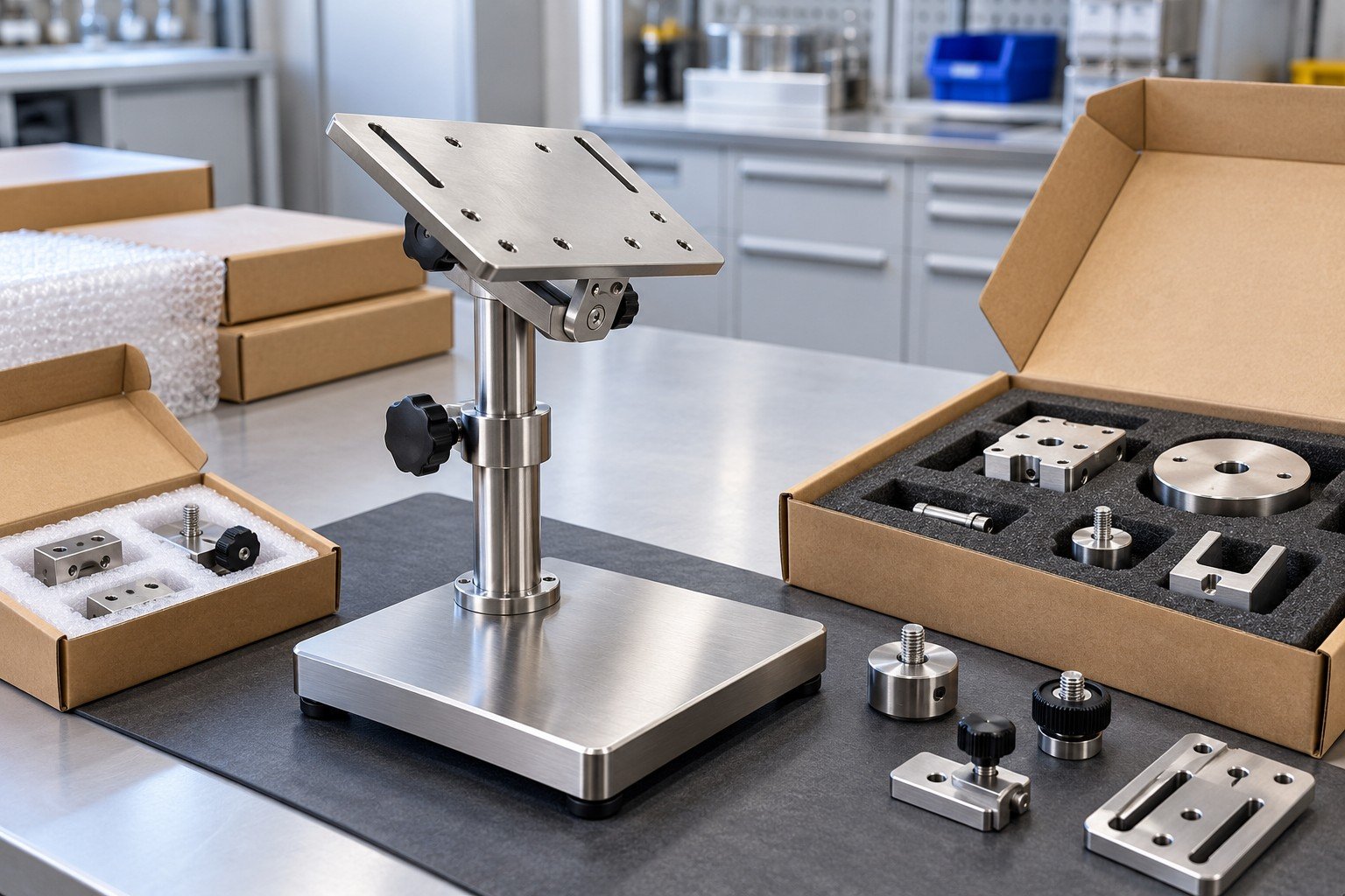 Completed small stainless adjustable inspection stand with tilting platform, height lock, heavy base and small separate adapters, main stand and several distinct accessory components in individual cells