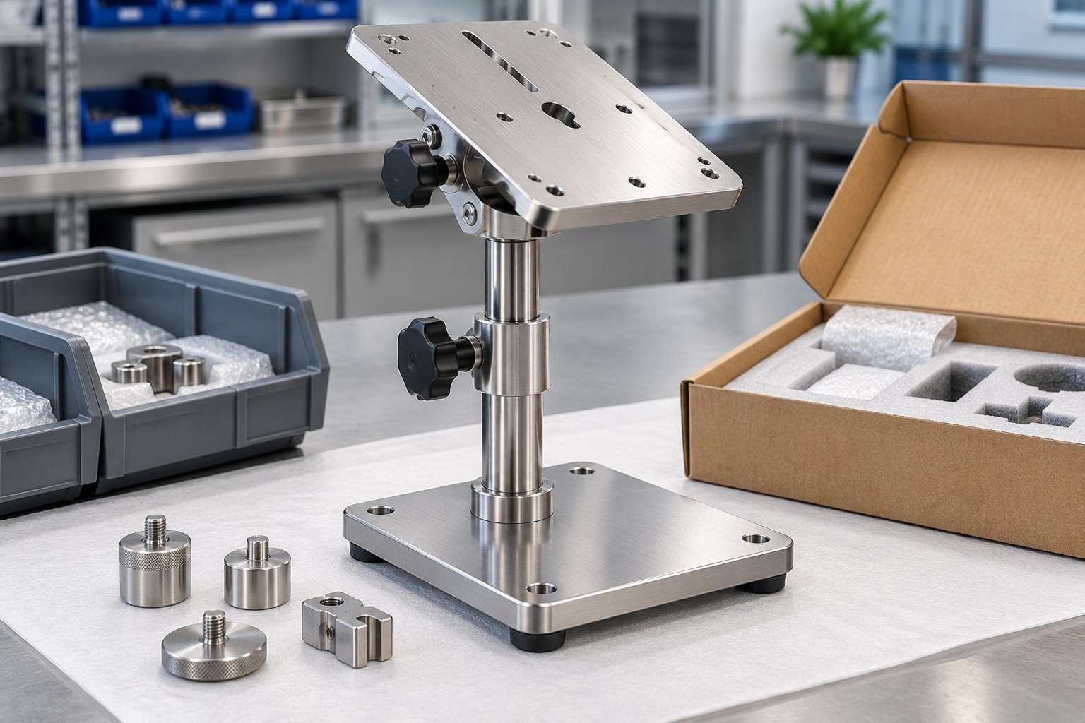 Completed small stainless adjustable inspection stand with tilting platform, height lock, heavy base and small separate adapters, stand with its tilting platform and adjustment knobs accessible for inspection