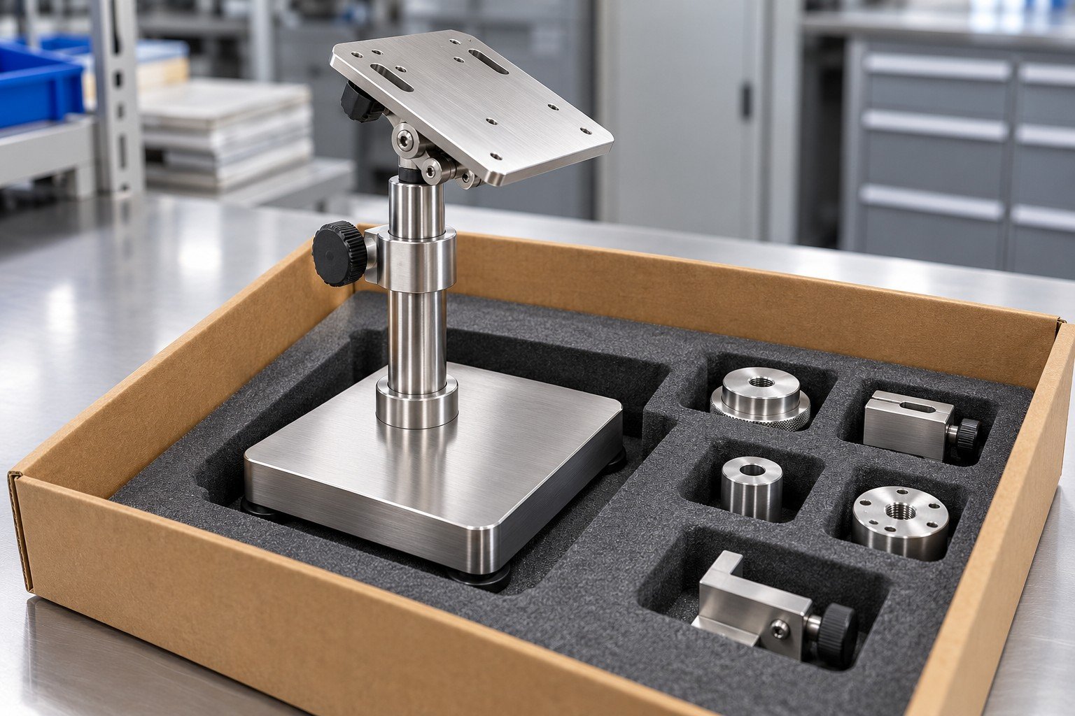Completed small stainless adjustable inspection stand with tilting platform, height lock, heavy base and small separate adapters, complete stand and adapters together in purpose cut protective tray