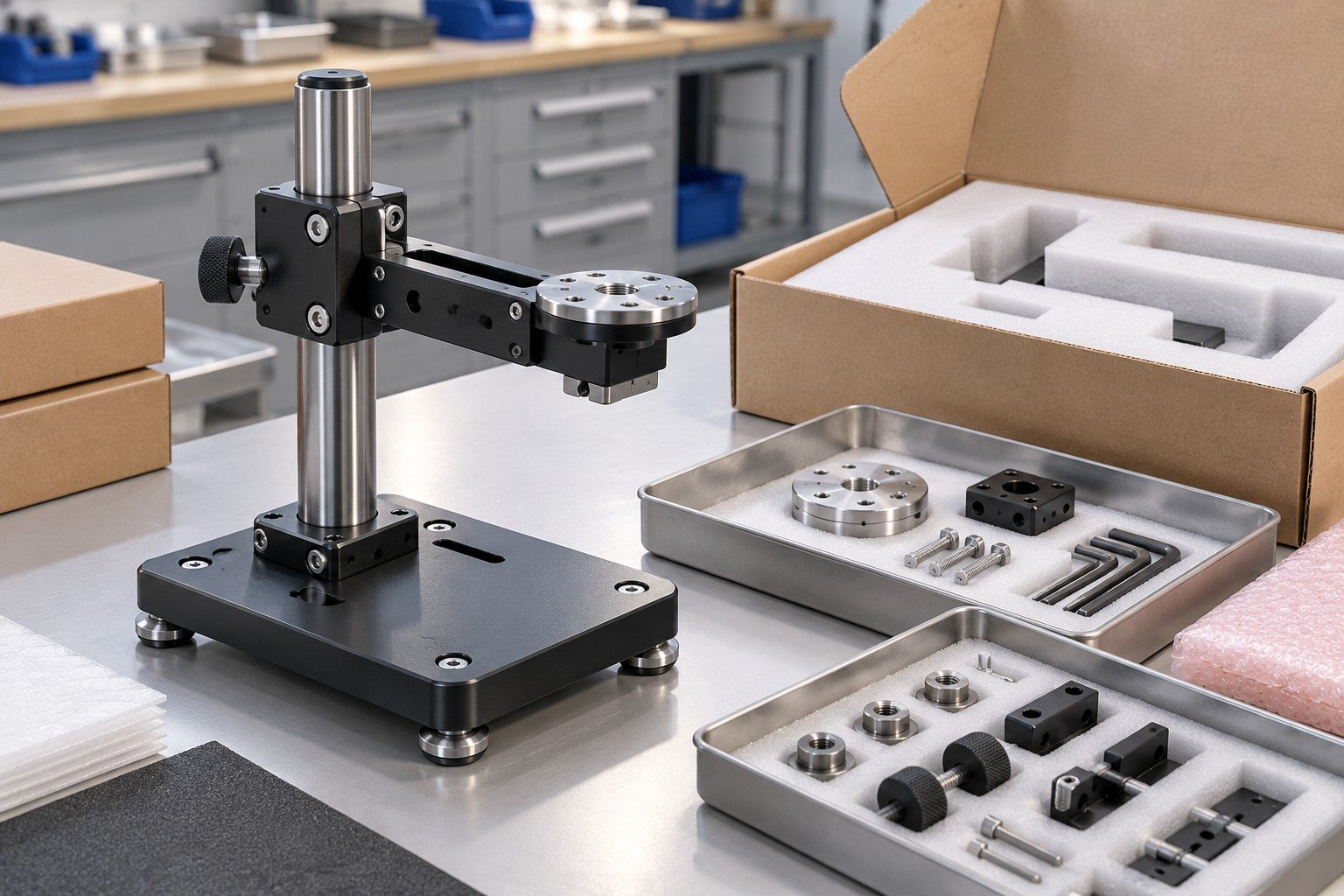 Finished small industrial alignment stand beside separated component and accessory trays